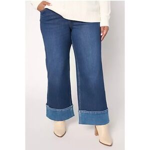 LOGO by Lori Goldstein Petite Wide Full-Length Cuff Waans Dark Wash,P10 #48*